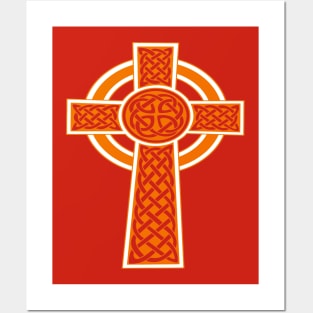 Ornamental Celtic High Cross Decorative Knotwork Orange and White Posters and Art